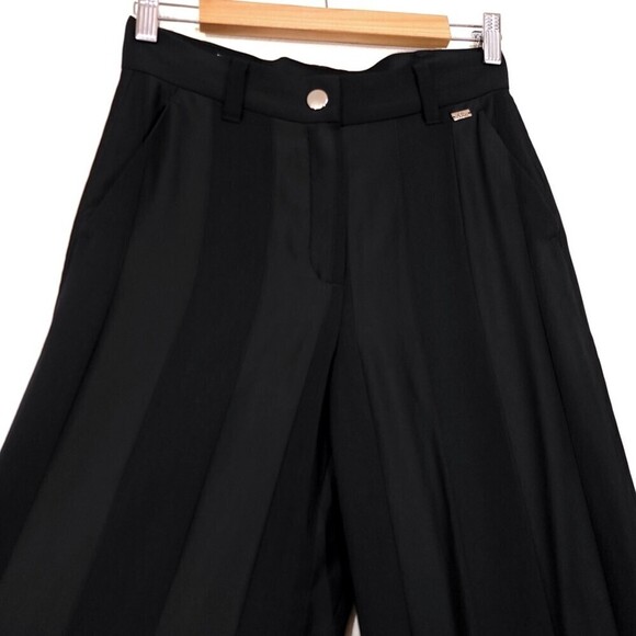 ESCADA Wool Wide Leg Trouser Split Hem Dress Pant Black Satin Stripe Old Money - Picture 2 of 15